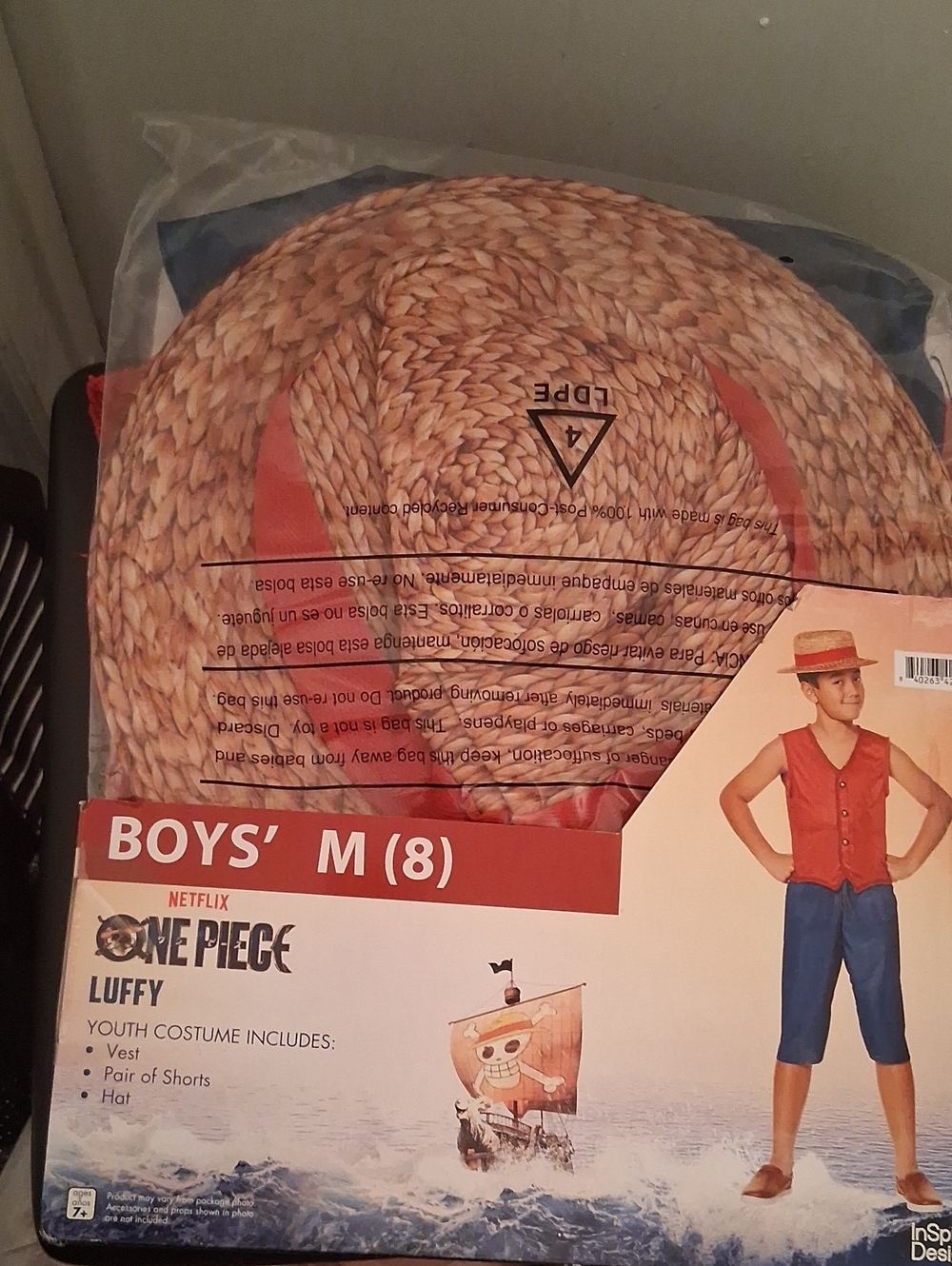 Onepiece Kids Luffy Costume - Red Vest, Blue Shorts, Tan Straw Hat